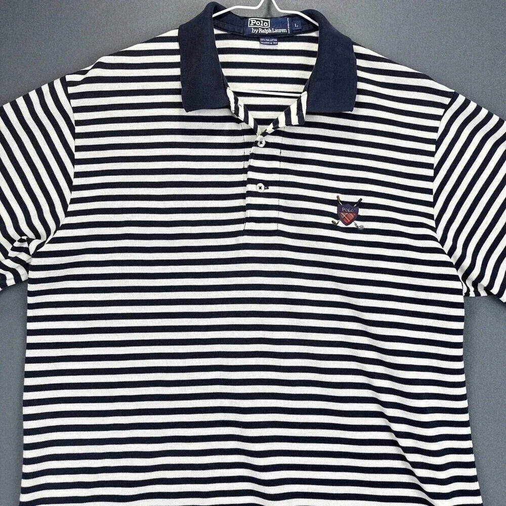 Ralph Lauren Polo Shirt Mens Large Navy Striped Shield Short Sleeve Fine Cotton